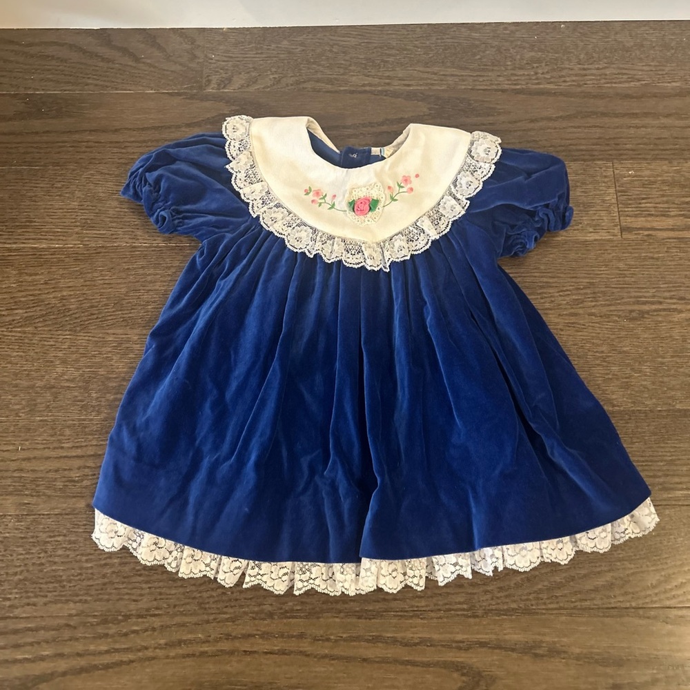 Vintage Blue Velvet Baby Dress with Lace Collar